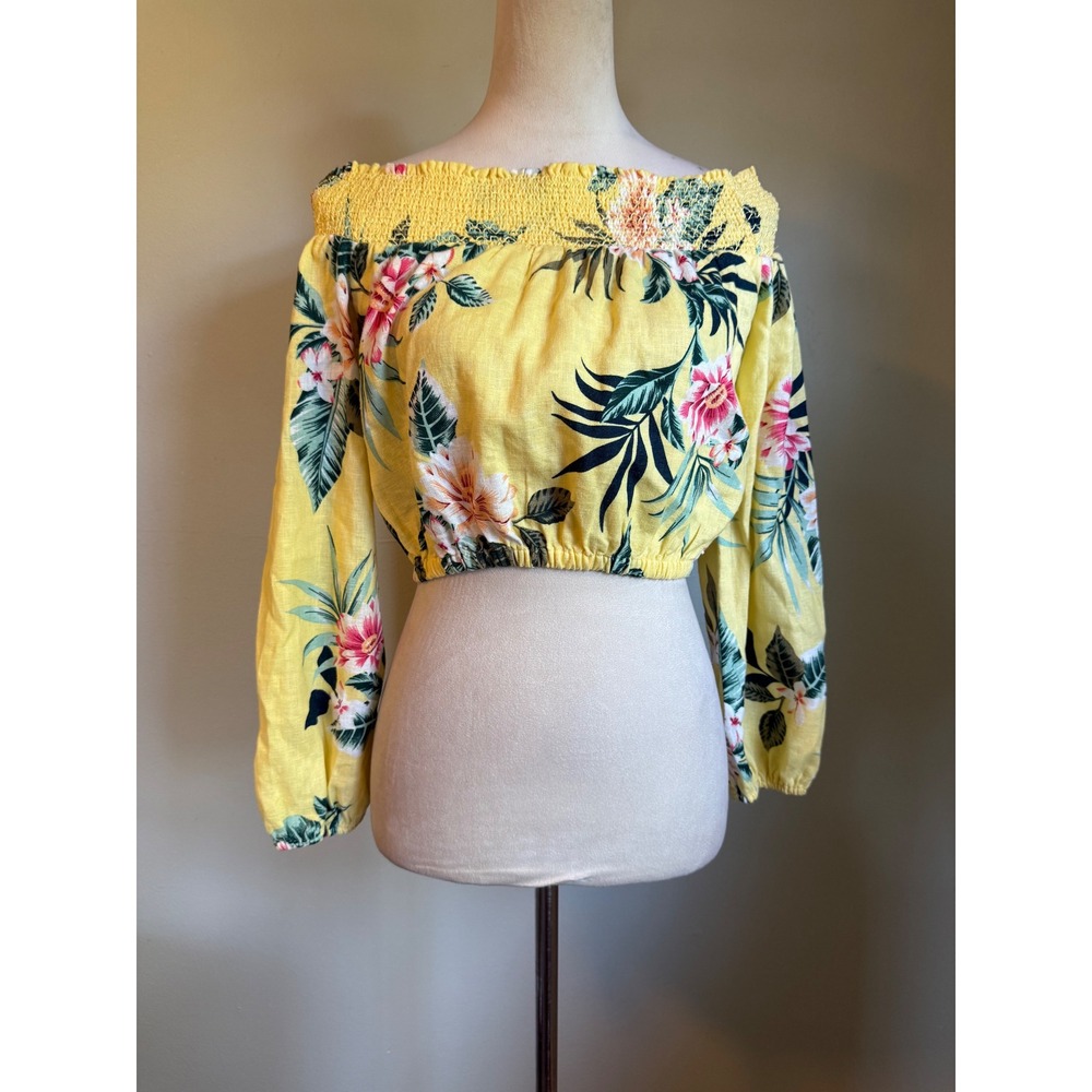 Guess Yellow Tropical Floral Linen Blend Off Shoulder Crop Top Y2K boho fairy sm